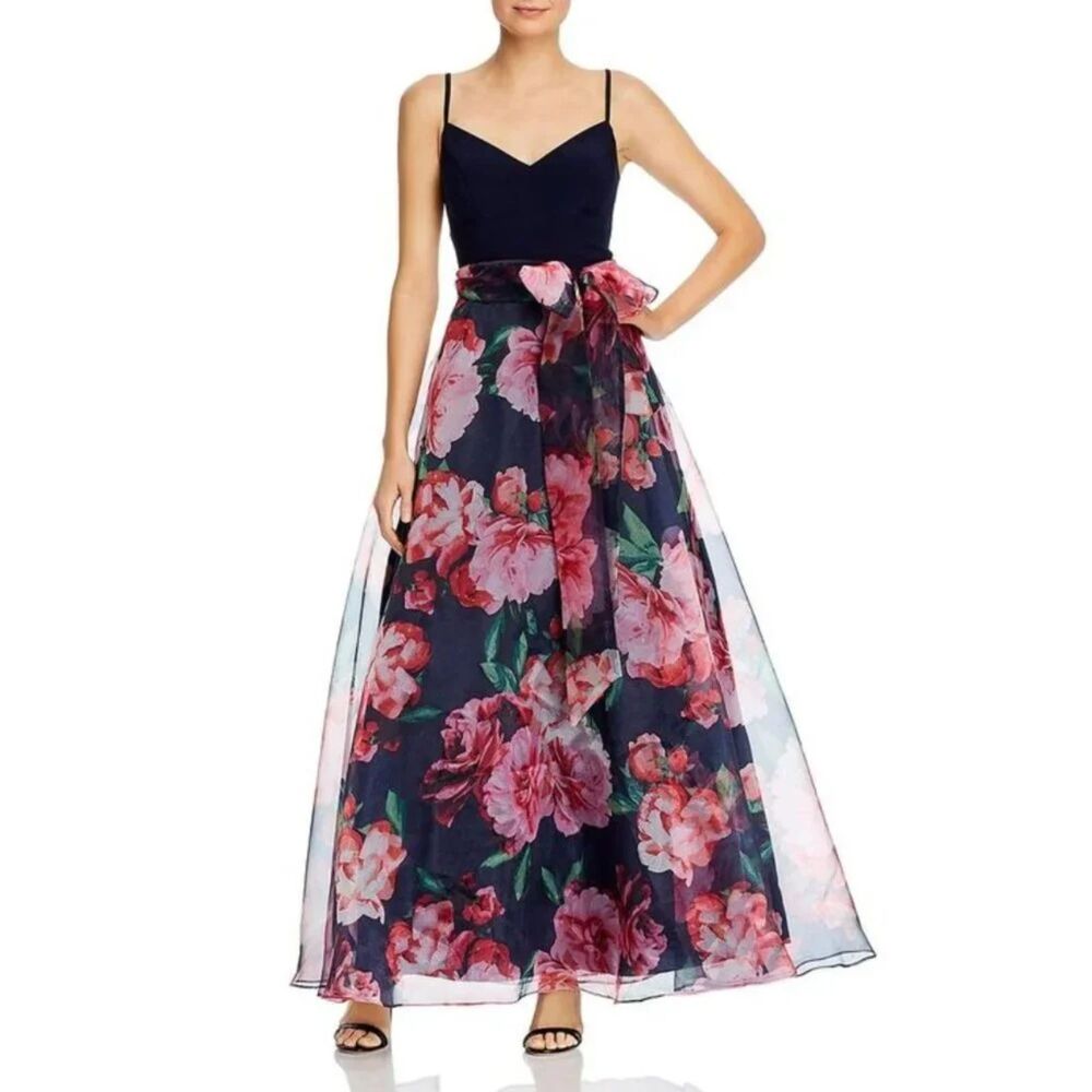 Eliza J Floral Organza Maxi Dress Navy Blue Pink Purple Layered Skirt Size 6